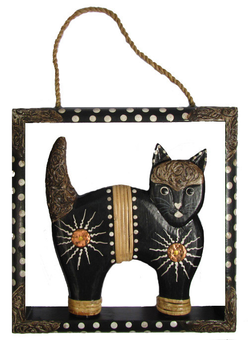 Hand Carved Wooden Painted Cat Wall Hanging