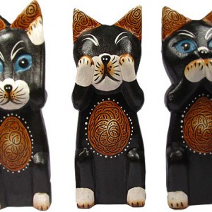 Hand Carved Wooden Set of 3 Cats: see no evil, hear no evil, speak no evil