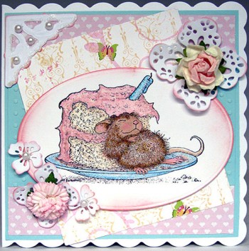 Handmade Greeting Card for any Occasion – House Mouse with a piece of cake