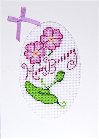 Handmade Floral Cross Stitch White Base Birthday Card with 2 lilac pansies