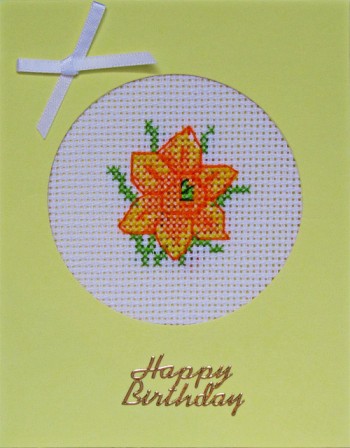 Handmade Floral Cross Stitch Yellow Base Birthday Card with 1 daffodil