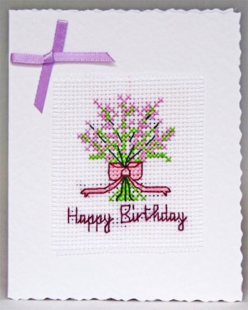 Handmade Floral Cross Stitch White Base Birthday Card with 1 pink ribboned bouquet