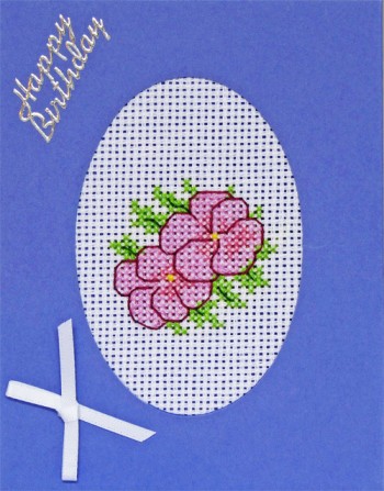 Handmade Floral Cross Stitch Lavender Base Birthday Card with 2 lilac pansies