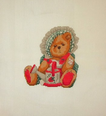 Cross Stitch Embroidery picture of a teddy bear with a watering can for framing