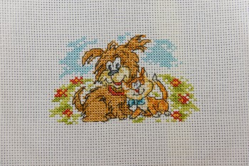 Cross Stitch Embroidery picture of a cat and a dog for framing