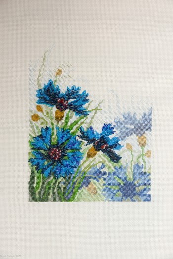 Cross Stitch and Bead Embroidery picture of cornflowers for framing