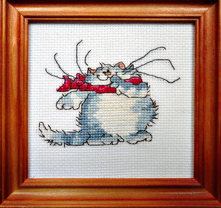 Framed Cross Stitch Embroidery picture of a cat wearing a red scarf