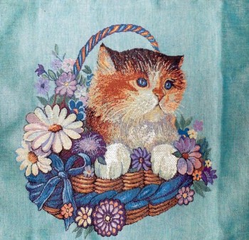 Tapestry Cushion Cover with a kitten in a basket with flowers