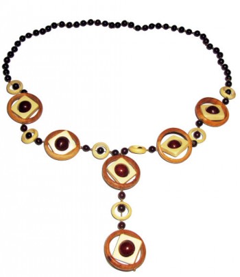 Fancy necklace made from wooden beads, rings and details